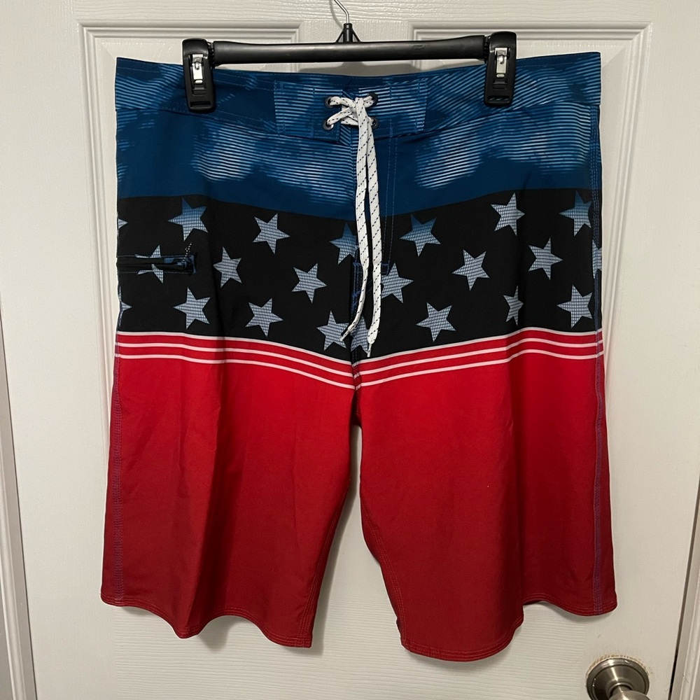 Burnside Men's American Flag Board Shorts Swim Trunks Size 34 Zip Pocket